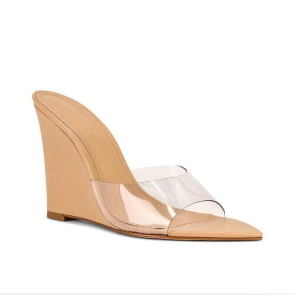 SCHUTZ Luci Vynil Light Nude Slip On Pointed Toe Wedge High Heel Sandals